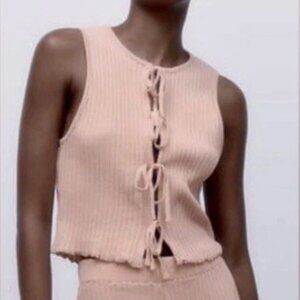 Zara sleeveless ribbed tie-front top in pink